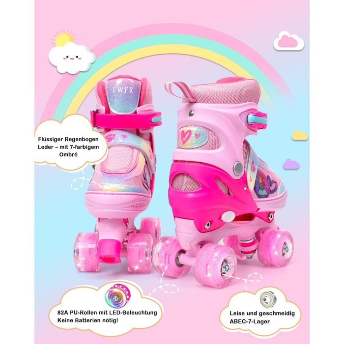Дитячі ролики FWFX з регулюванням та підсвіткою, підходять для залу та вулиці, розмір S (EU 28-31 / MM 160-200), рожеві