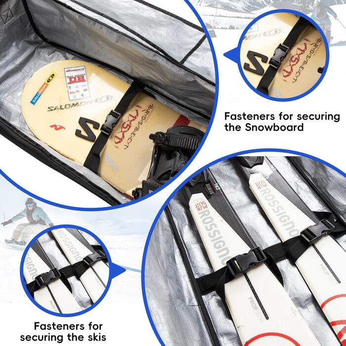 Скі-сумка на колесах для подорожей, м'яка подвійна скі-сумка для 2 пар лиж до 175 або 190 см, сіра (175 см)