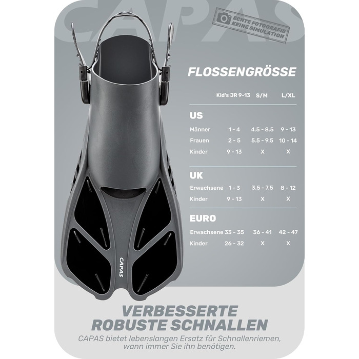 CAPAS Ласти для снорклінгу та дайвінгу, дорослі, чорні, L/XL (42-47), регульовані, відкрита п'ятка