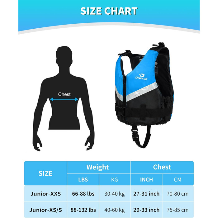 Owntop Плавальна жилетка для підлітків та дітей, унісекс, регульована, для каякінгу, риболовлі, плавання, водних видів спорту. Синій, розмір Jugend-XXS (30-40 кг, 70-80 см)