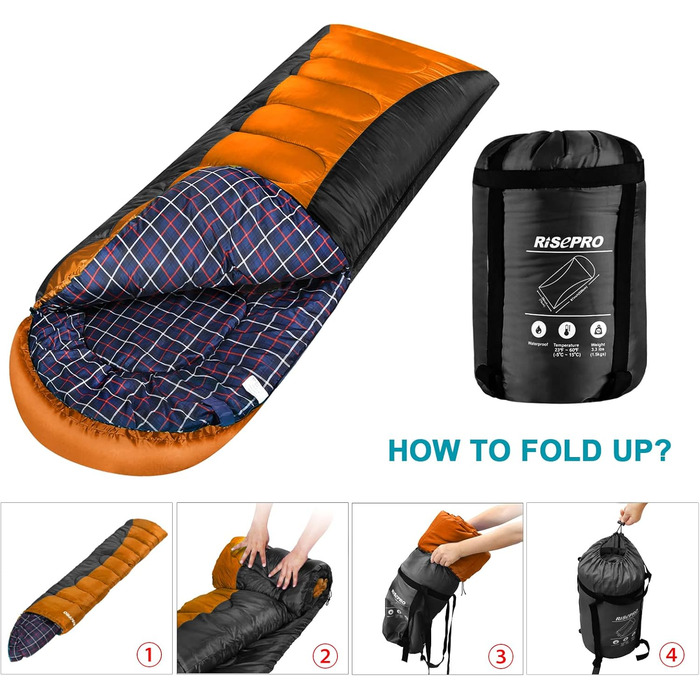 Сплячий мішок RISEPRO Легкий, 1,6 кг, фланелевий, водонепроникний, для 3-4 сезонів, дорослих та дітей, для дому, вулиці, кемпінгу, хайкінгу, чорний