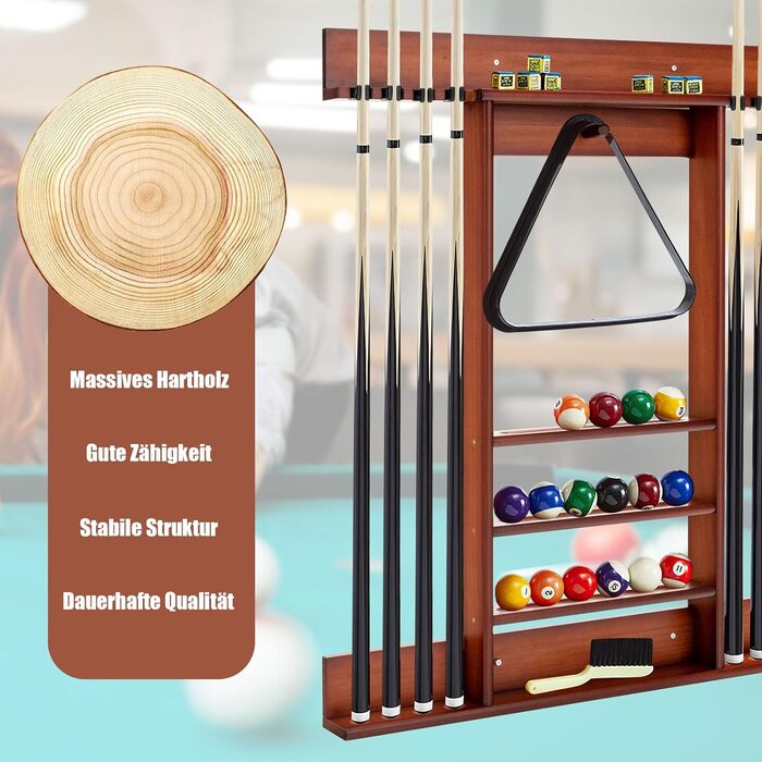 Тримач для бильярду GYMAX на 8 київ та аксесуари, настінний, з натурального дерева (кленові), 79 x 8 x 91 см, коричневий