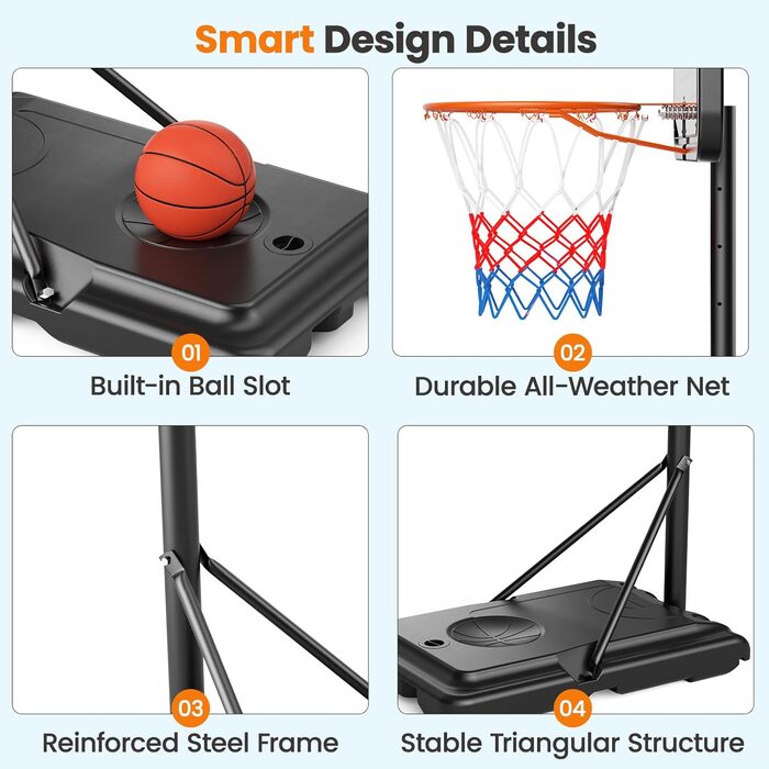 Зручна баскетбольна корзина для вулиці: регульована висота 128-305 см, стійка з підсиленою спинкою 110x75 см, 2 сітки в комплекті