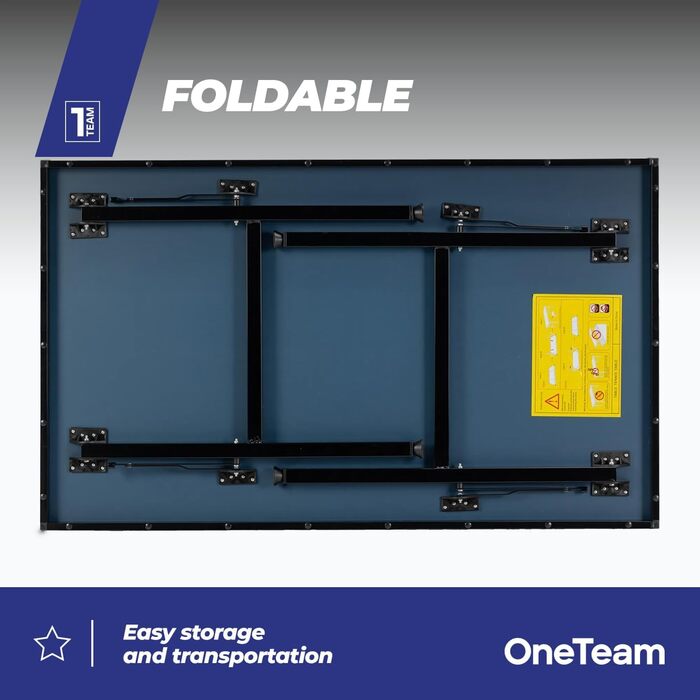 Стол для пінг-понгу OneTeam для гри в приміщенні з сіткою та складними панелями, 2 відділення для м'ячів та ракеток, транспортні ролики з фіксацією (OT-MTI-01)