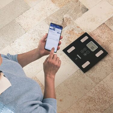 OMRON Viva – розумні ваги-аналізатор складу тіла з Bluetooth і додатком, вимірювання жирової маси, ваги, вісцерального жиру, м'язової маси, базового обміну та ІМТ; для 4 користувачів, тонометр з Bluetooth