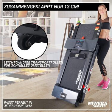 Електрична бігова доріжка Miweba Sports HT500, 3 к.с., 14 км/год, 120 кг, складана, велика бігова поверхня, LCD-дисплей, 12 програм, для дому, чорна