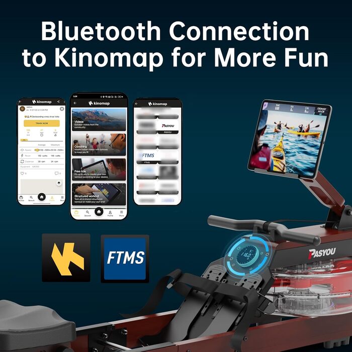 PASYOU Гребний тренажер для дому з дуба, складаний водяний рушникоріз з Bluetooth дисплеєм та 30-денною безкоштовною підпискою на Kinomap, рушникоріз з регульованим тримачем для планшету, вантажопідйомність 150 кг, PW60, коричневий