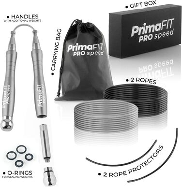 Скакалка PrimaFIT для дорослих 3м, професійна, регульована, з вагами, 2 підшипники, антиковзкі ручки, для боксу, MMA, кросфіту, сталевий трос, з сумкою, срібляста
