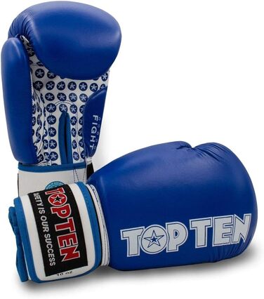 Боксерські рукавички TOP Ten Fight 10 Oz синьо-білі для кікбоксингу, тренувань, шкіряні, професійні