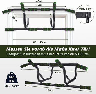 Турнік для дверей Klimmzugstange: турнік для підтягувань без свердління, з м'якими ручками, зелений