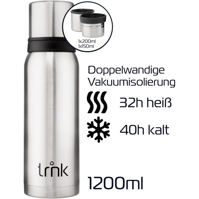 Термос trnk Outdoor Arktis 2, нержавіюча сталь, 1200 мл, BPA-free, 32 год гарячий, кришка з 2 чашками, для походів, можна мити в посудомийці