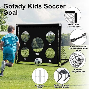 Дитячі ворота для футболу 2-в-1, 150x120 см, портативні та стабільні, 5 цілей, 4 анкера, сумка, для саду, парку, пляжу, чорний
