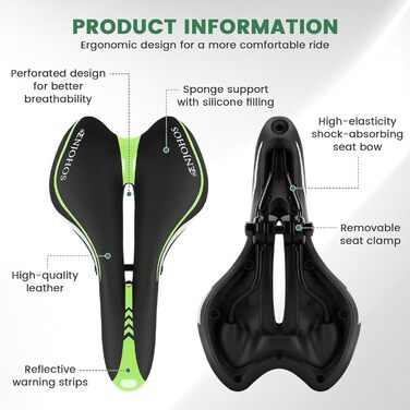 Велосипедне сідло ENJOHOS для чоловіків та жінок: комфортне, водонепроникне, з PU покриттям та ключем. Підходить для MTB, трекінгу, туризму та шосе. Зелений колір.