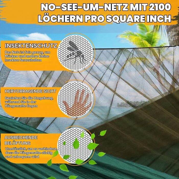 Кемпінговий гамак NatureFun з москітною сіткою, навантаження до 300 кг, 290x140 см, дихаючий нейлон, темно-зелений