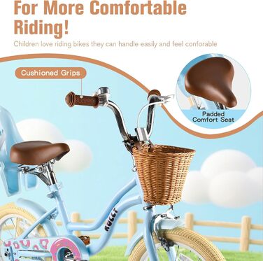 Дитяче велосипед RULLY для дівчаток з додатковими колесами, кошиком та сидінням для ляльки, регульоване сидіння, 2-7 років, блакитний, 16 дюймів