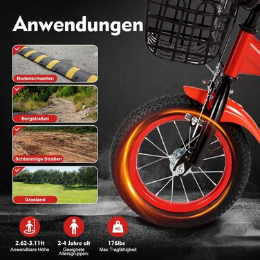 Дитяче велосипед 12 дюймів з регульованою висотою сидіння, додатковими колесами та кошиком, для хлопчиків та дівчаток 2-5 років (Червоний)