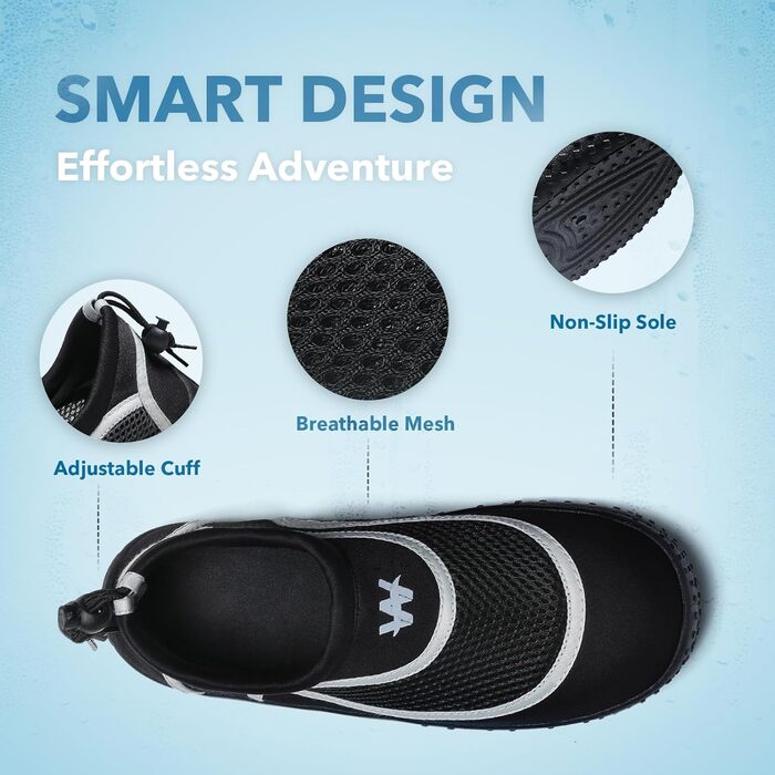 Водні черевики WateLves: дихаючі, швидковисихаючі, унісекс (44 EU, чорний/сірий)