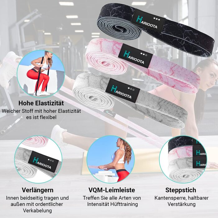 Набір з 3 еластичних стрічок для фітнесу - антиковзкі, дихаючі та еластичні - стрічки для м'язів, йоги, пілатесу та тренувань всього тіла - миються, довговічні та з сумкою. Довгі фітнес-стрічки з марочним дизайном.