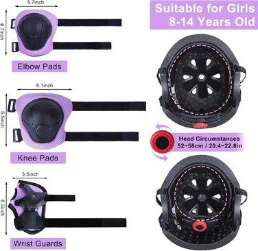 Дитячий шолом Kinder для дівчаток 8-14 років з повним захистом: наколінники та налокітники. Регульований шолом для ролера, велосипеда, скейтборда. Фіолетовий, 52-58 см