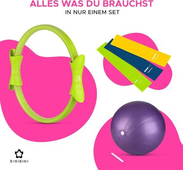 Набір для пілатесу BINIBINI®: кільце, м'яч та фітнес-гумки - 5-ти елементний комплект для дому - включає м'яч для йоги та 3 гумки Terra Band