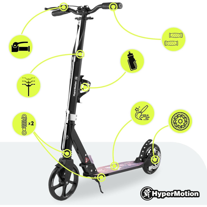 Самокат дитячий та підлітковий HyperMotion Vibe алюмінієвий, до 100 кг, складний, регульована висота керма, колеса 200 мм, ABEC-7 (Чорний з рожевим)