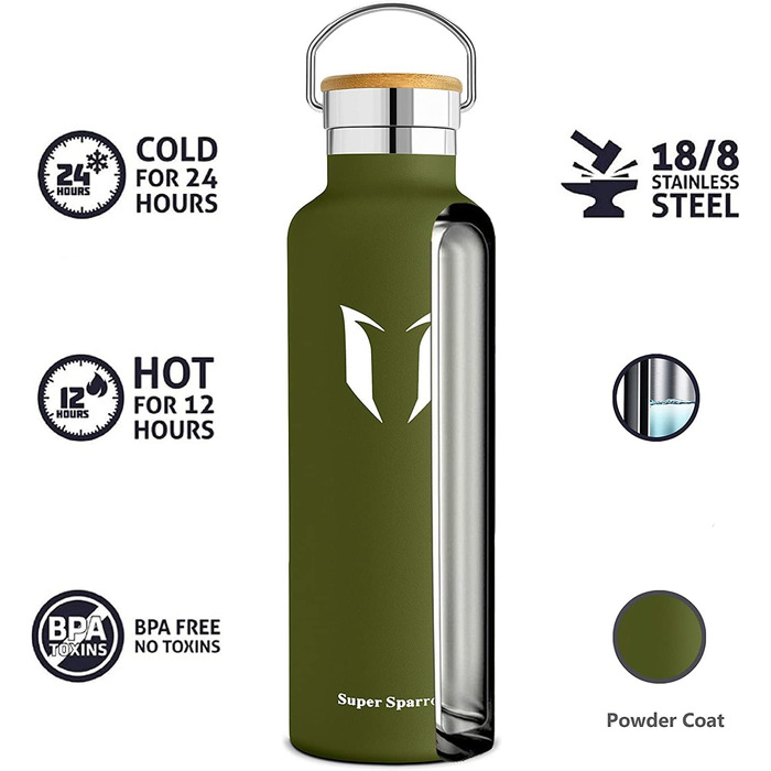 Термос-бутилка Super Sparrow 1000 мл з нержавіючої сталі, герметична, BPA-free, для газованої води, спорту, дітей, школи, фітнесу, кемпінгу