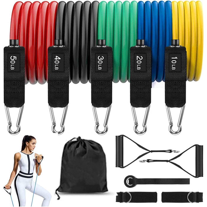 Набір еластичних стрічок для фітнесу Aoory з ручками, петлями для ніг та фіксатором для дверей (11 шт.) для комплексних тренувань, йоги, пілатесу та фітнесу