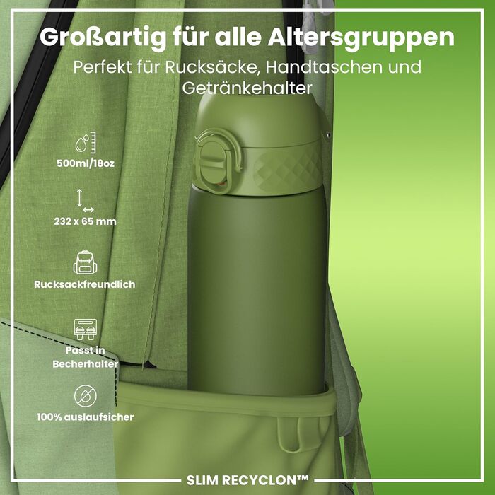 Фляга Ion8 Trinkflasche, Зі зручним клапаном, Безпечна, Легко миється, BPA-Free, З ручкою, З кліпсою, Екологічна, Рожевий (Evo, Хакі)