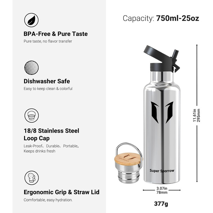Термос-пляшка Super Sparrow з нержавіючої сталі - 350мл/500мл/620мл/750мл/1л - Без витоку, BPA-Free - Для дітей, спорту, школи, фітнесу - З 2 кришками