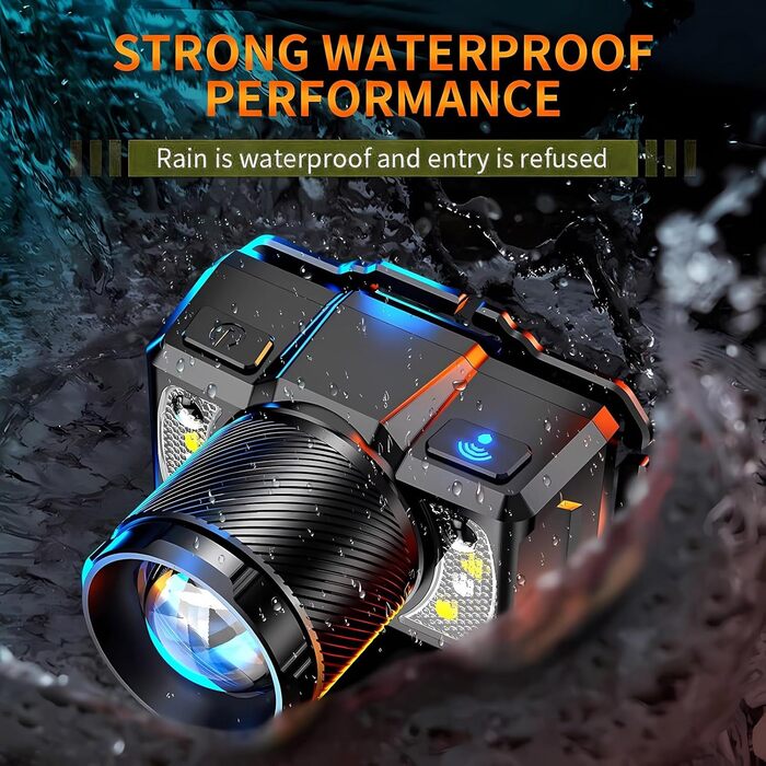 Ліхтар на голову SuperFire LED з датчиком, 7000 люмен, IP43, червоне/біле світло, регулювання 45°, кріплення на шолом, для риболовлі, ремонту, активного відпочинку (8 режимів, зарядка Type-C) чорний