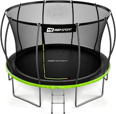 Трамплін Hop-Sport Outdoor – діаметр 244/305/366/427/488 см. Комплект з захисним сіткою, вигнутими ніжками та сертифікатами безпеки. У комплекті: сходи та захисний бордюр (для моделі 366 см)