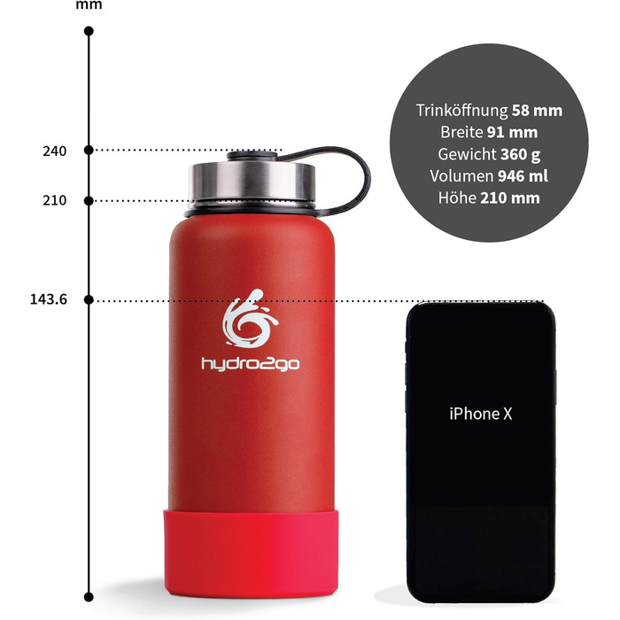 Гідрофляга hydro2go X-AlpsBottle 1 л, вакуумна термос пляшка з нержавіючої сталі, 3 кришки, герметична, для спорту та подорожей, Lava Red