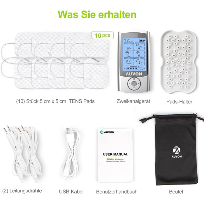 AUVON TENS пристрій: електростимулятор для зняття болю з 24 програмами, 2 канали та 10 шт. електродів преміум-якості