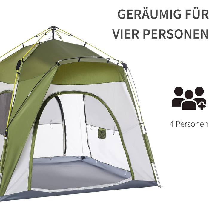 Намет Outsunny Pop-Up для 3 осіб, UV 50+, зелений: сімейний кемпінговий намет з гаком, 4 дверима, вікнами, підлогою та водонепроникністю 1000 мм