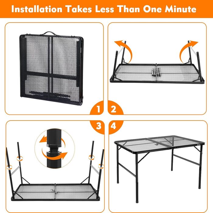 Складаний столик для кемпінгу Eaststorm 60x40 см з металевою сіткою, 2 рівня висоти, для відпочинку на природі, грилю та саду (чорно-сірий, 120x60 см)