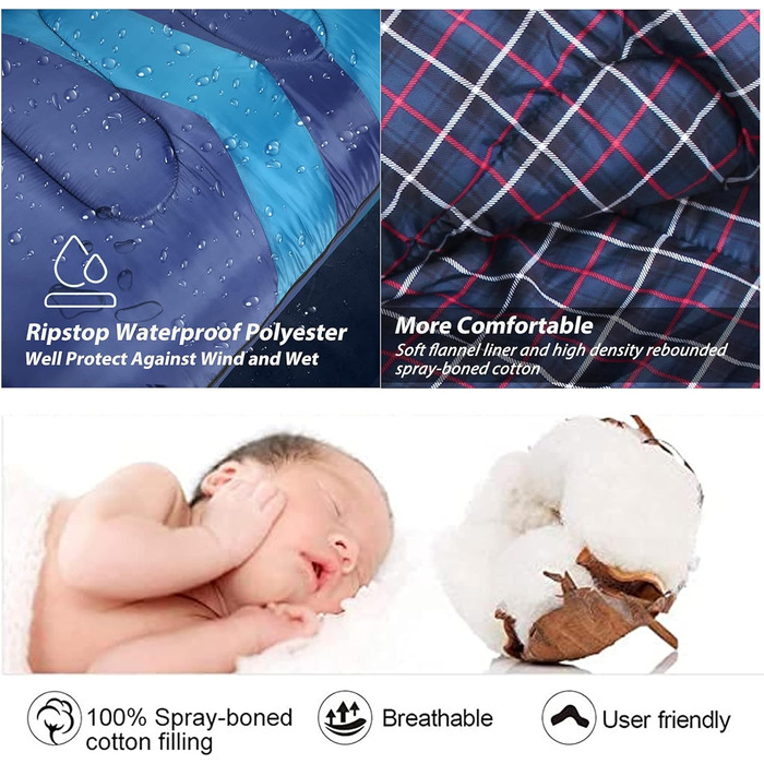 Спальний мішок URPRO 1.6 кг з фланелі для зими, осені та весни, блакитний, з матеріалу Hollowfiber, водонепроникний