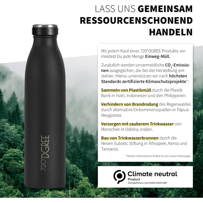 Термос 720°DGREE milkyBottle 1 л, нержавіюча сталь, BPA-free, для газованої води, спортивна пляшка, університет, школа, фітнес, кемпінг, матова чорна
