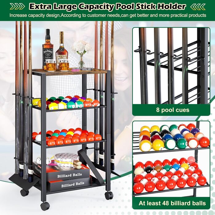 Стійка для київ (8 шт.) з органайзером для аксесуарів для більярду – зберігання для київ, куль, та обладнання. Міцна підставка для більярдного столу вдома або в барі