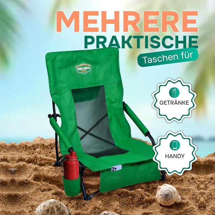 Крісло для кемпінгу Fuchs Camper Strandstuhl – розкладне, з високою спинкою та сіткою, з підстаканником та кишенею, чорне, вантажопідйомність 150 кг