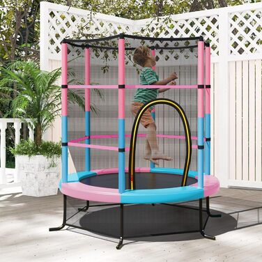 Батут GOPLUS Indoor з сіткою безпеки, дахом, металевим каркасом, стрибучою поверхнею, круглий, для саду, до 135 кг, рожевий, Ø165 x 165 см