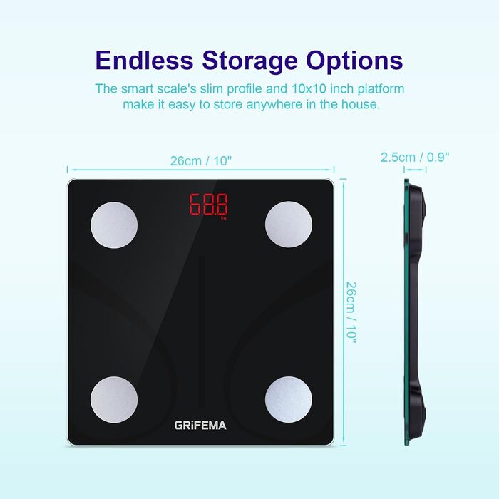 Ваги GRIFEMA Digitale Personenwaage з вимірюванням жиру та м'язової маси, Bluetooth, для BMI, протеїну, чорного кольору. Підключення через додаток.