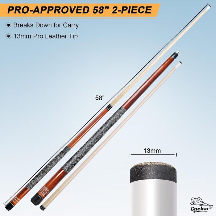 Більярдний кий CUEBAR, 147,3 см, 2-секційний з горіха, з наконечником 13 мм та льоновою рукояткою, для домашньої більярдного столу, для дорослих, 8 кольорів, 4 варіанти ваги (510 г, 538 г, 567 г, 595 г), колір: зелений (540 г) (колір: коричневий)