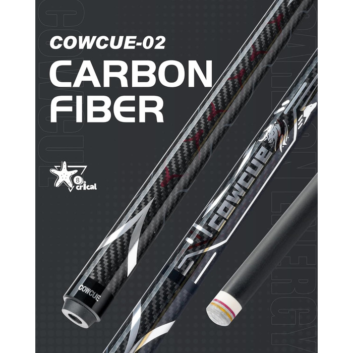 Більярдний кий CRICAL з карбону, 147,3 см, професійний, з'єднання 3/8 x 8, наконечник 12,5 мм, COWCUE-02