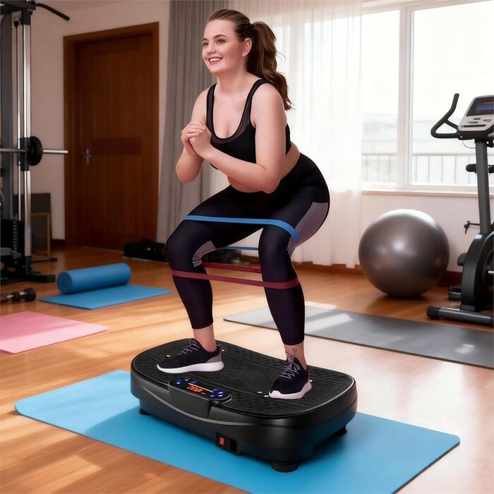 Вібраційна платформа для дому - тренажер для схуднення та формування тіла з 120 рівнями, 5 режимами, з еластичними стрічками та пультом дистанційного керування, для спалювання жиру та нарощування м'язів, ідеально для дому та домашнього спортзалу, чорного 