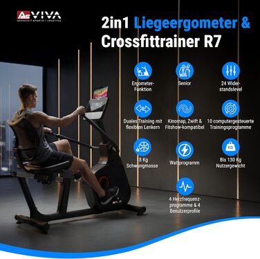 Велотренажер AsVIVA R7 Liegeergometer: Електричний, з сидінням та спинкою, 24 програми, 18 кг маховик, вимірювання пульсу