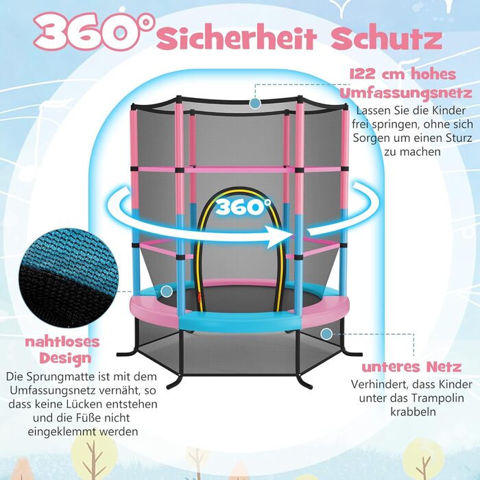 Батут GOPLUS Indoor з сіткою безпеки, дахом, металевим каркасом, стрибучою поверхнею, круглий, для саду, до 135 кг, рожевий, Ø165 x 165 см