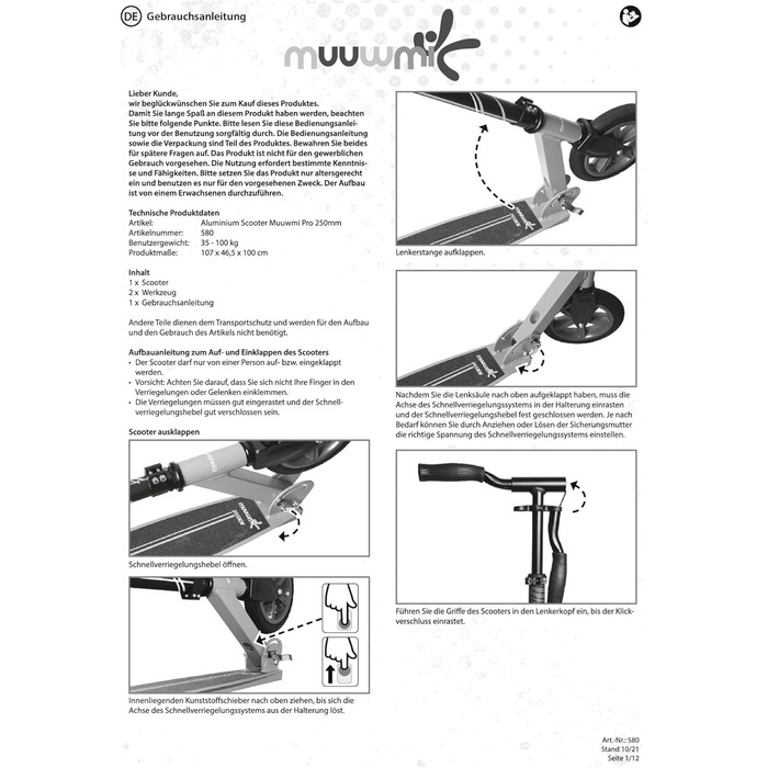Самокат алюмінієвий MUUWMi Pro, 250/215 мм, ABEC 7, регульований, сертифікат GS