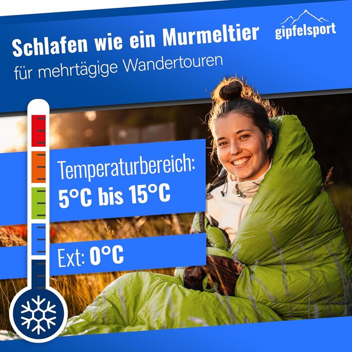 Сплячий мішок Gipfelsport Ultraleicht 4 сезони [-20°C - 15°C] | Ultralight, для кемпінгу, трекінгу та подорожей, -5°C, блакитний/зелений