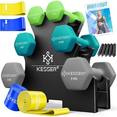 Набір неопренових гантелей KESSER (3 пари: 1кг, 3кг, 5кг), 18 кг, з підставкою для зберігання, для фітнесу та силових тренувань, кольори: світло-зелений, петроль, сірий