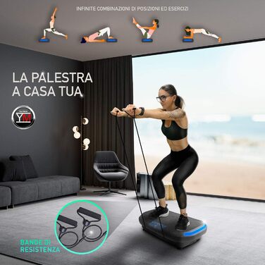 Вібраційна платформа YM 4D з регулюванням інтенсивності, сенсорним дисплеєм, еластичними фітнес-стрічками, двома моторами 500Вт+300Вт, програмами та авторежимом, дистанційне керування